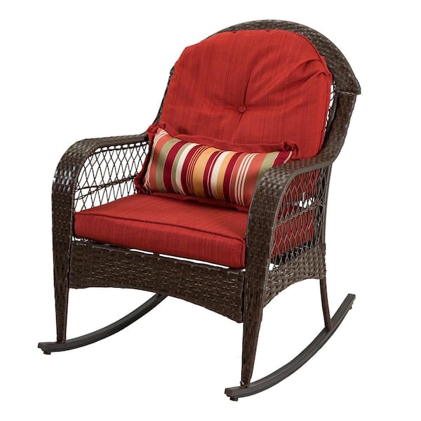Zeus & Ruta Brown Wicker Outdoor Rocking Chair with Red Cushion for Patio, Garden, Backyard and Pool