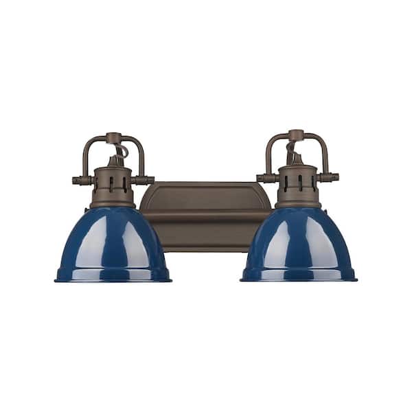 Duncan 8.25 in. 2-Light Rubbed Bronze Vanity Light with Blue Shade