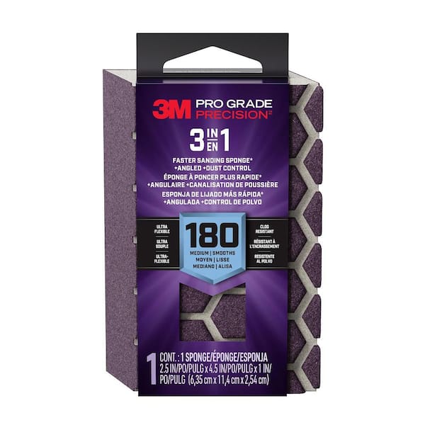 Pro Grade Precision 2.5 in x 4.5 in. x 1 in. Medium 180 Grit 3-in-1 Sanding Sponge (1-Pack)