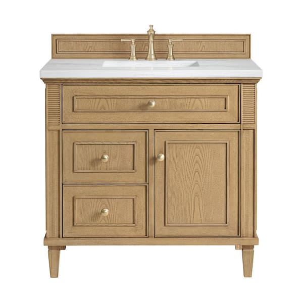 James Martin Vanities Lorelai 36.0 in. W x 23.5 in. D x 34.06 in. H Single Bath Vanity Light Natural Oak and Arctic Fall Solid Surface Top
