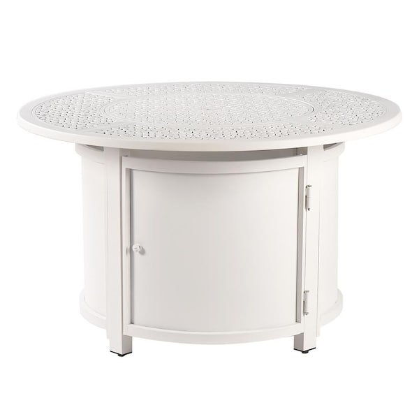 Oakland Living 44 in. x 44 in. White Round Aluminum Propane Fire Pit Table with Glass Beads, 2 Covers, Lid, 55,000 BTUs