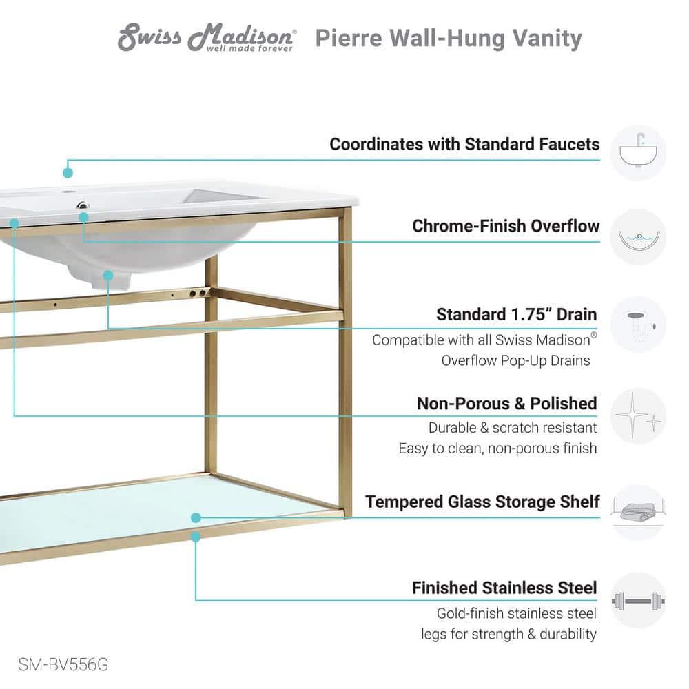 Pierre 35.4" Gold Stainless Steel and Glass Single Bathroom Vanity