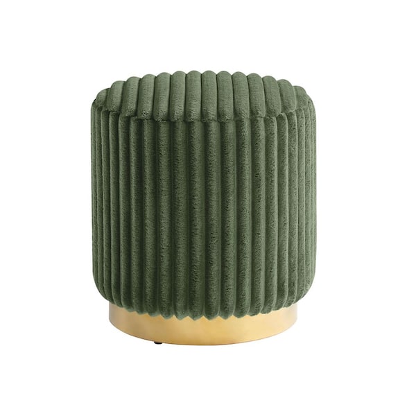 Stiltz Glam Green Faux Fur Corduroy Fabric Round Accent Ottoman Small (Under 22 in.)
