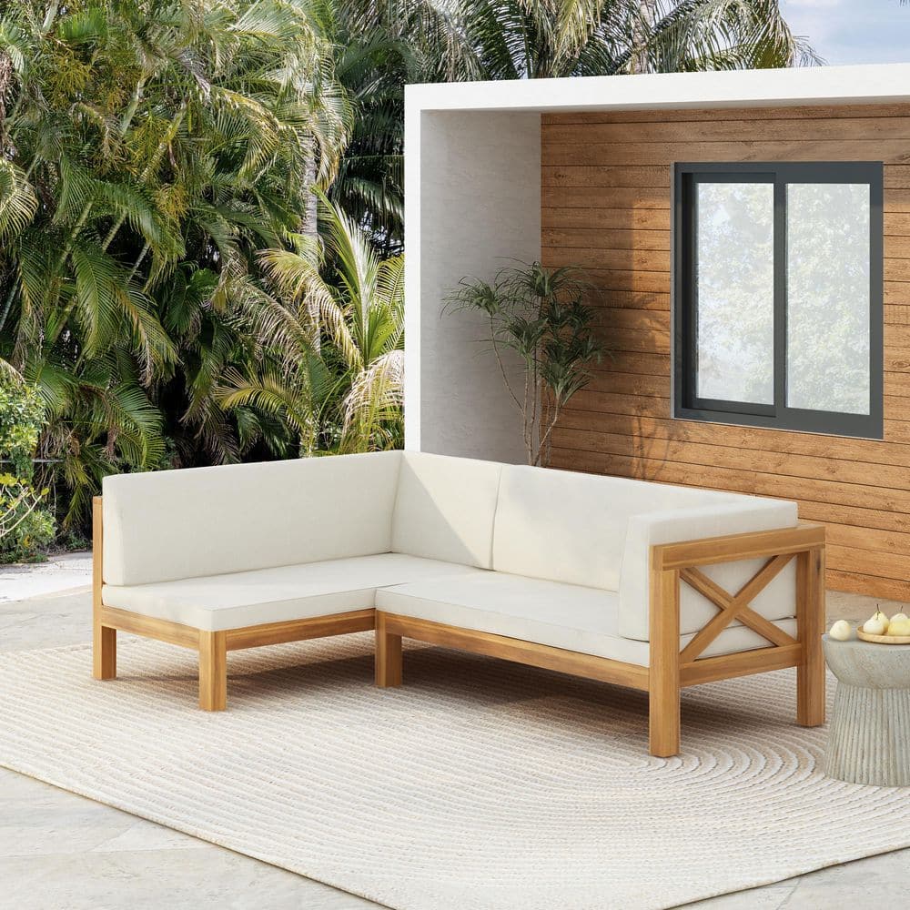 Jalice Right Arm 2-Piece Solid Wood Outdoor Couch Patio Corner Sofa with Beige Cushions, Teak Finish price history on PriceWatchPro