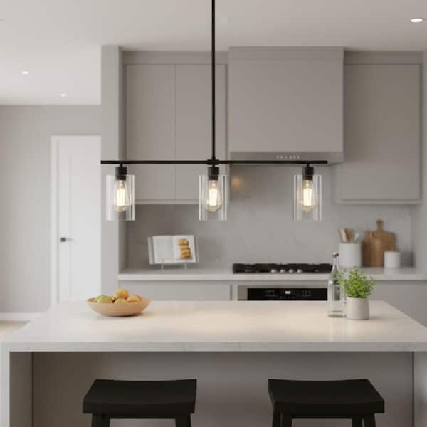 3-Light Black Industrial Modern Linear Kitchen Island Pendant with Clear Glass Shades for Dining Table