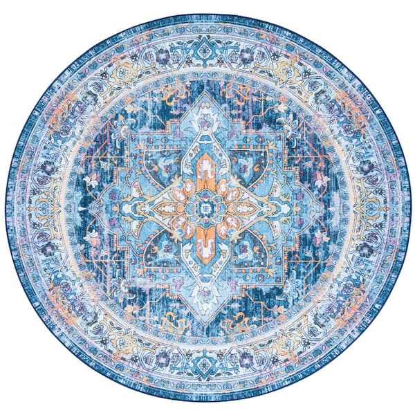 Orlando 7 ft. x 7 ft. Round Light Blue/Navy Vintage Distressed Medallion Washable Area Rug