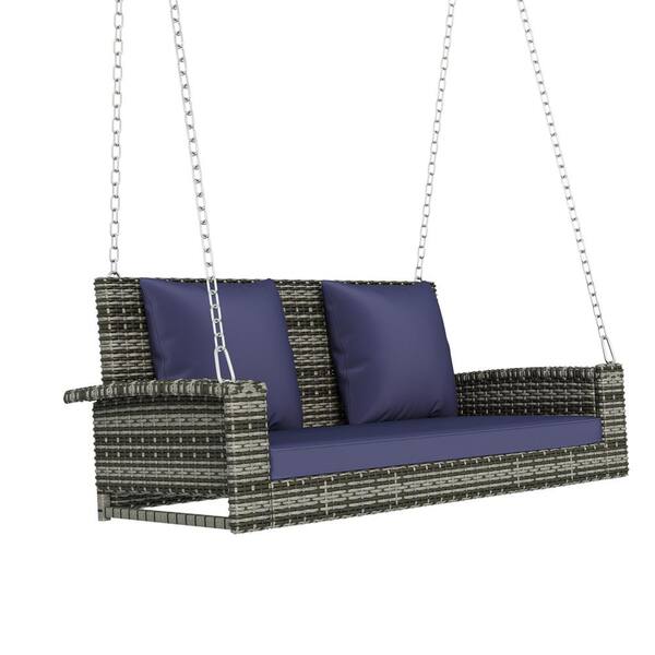 ITOPFOX Gray 2-Person PE Wicker Hanging Porch Swing with Chains and ...