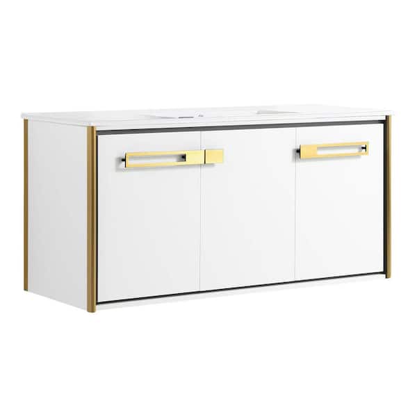 FINE FIXTURES Oakville 48 in. W x 18 in. D x 23.25 in. H Wall Mounted Bathroom Vanity in Matte White with White Ceramic Sink Top