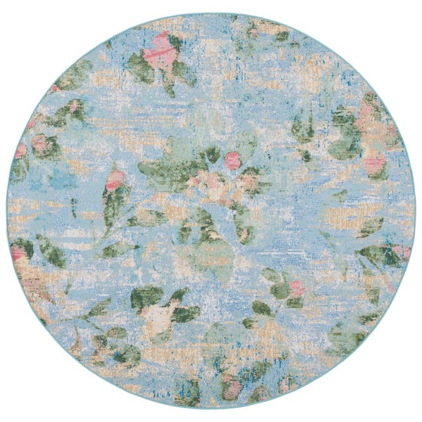SAFAVIEH Barbados Light Blue/Green 7 ft. x 7 ft. Round Abstract Flower Indoor/Outdoor Area Rug