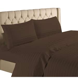 4-Piece Brown 1200-Thread Count 100% Egyptian Cotton Deep Pocket Stripe Full Bed Sheets