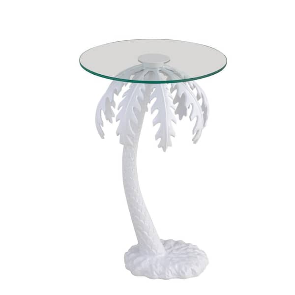 Vince 24.75 in. Mid-Century Vintage Glass Top Metal Palm Tree End Table, White