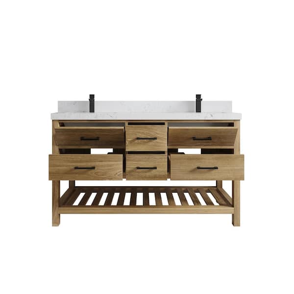 Willow Collections Parker Teak 60 in. W x 22 in. D x 36 in. H Double Sink Bath Vanity in Premium Polish with Empira White Quartz Top