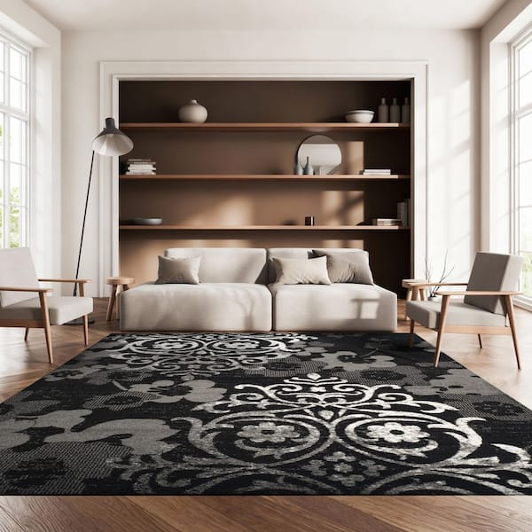Adirondack 10 ft. x 10 ft. Square Black/Silver Floral Damask Area Rug