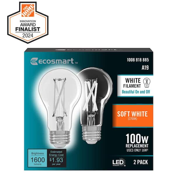 EcoSmart 100-Watt Equivalent A19 Dimmable White Filament CEC Clear Glass E26 LED Light Bulb, Soft White 2700K (2-Pack)