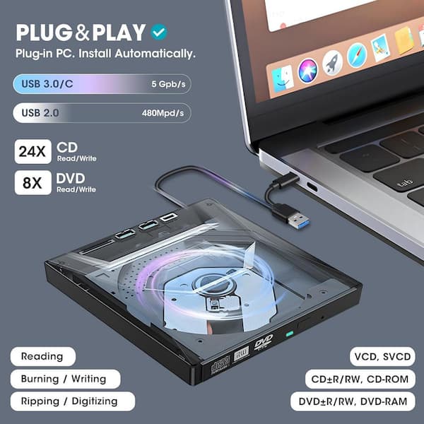 Vrbgify External DVD Drive USB 3.0 and USB-C CD ROM Burner 1080p