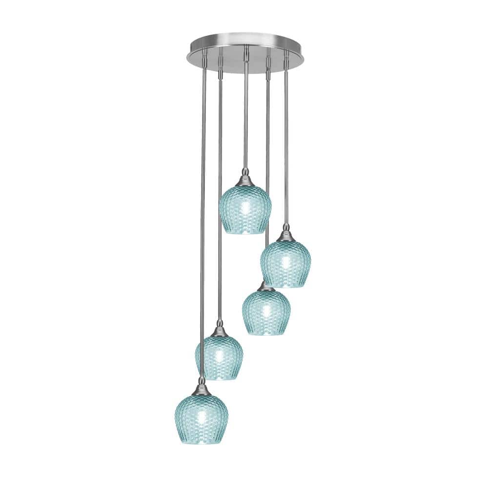 Villa 15.25 in. 5-Light Brushed Nickel Cluster Pendant Light with 6 Turq