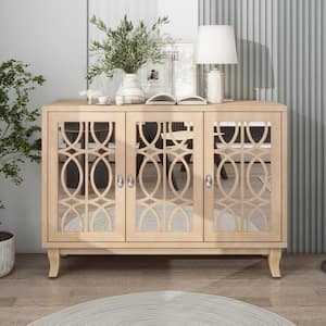 Natural Wood Wash Wood 47.2 in. Mirrored Sideboard with Adjustable Shelves and Drop-Shaped Silver Handles