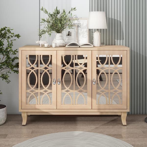 Harper & Bright Designs Natural Wood Wash Wood 47.2 in. Mirrored Sideboard with Adjustable Shelves and Drop-Shaped Silver Handles