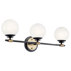 Benno 24.5 in. 3-Light Black and Champagne Bronze Industrial Bathroom Vanity Light with Opal Glass