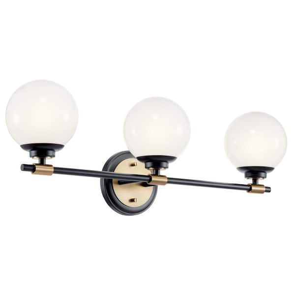 Benno 24.5 in. 3-Light Black and Champagne Bronze Industrial Bathroom Vanity Light with Opal Glass