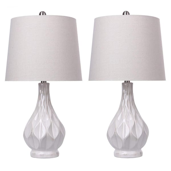 GRANDVIEW GALLERY 22.5 in. Off-White Ceramic Table Lamp with Textured Vase Body and Natural Linen Shade (2-Pack)