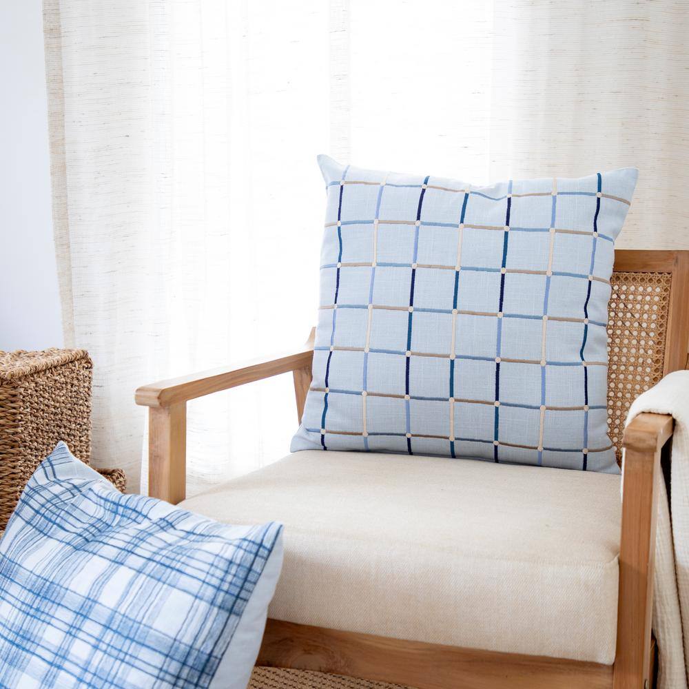 Blue and Ivory Embroidered Cotton Blend Square Throw Pillow