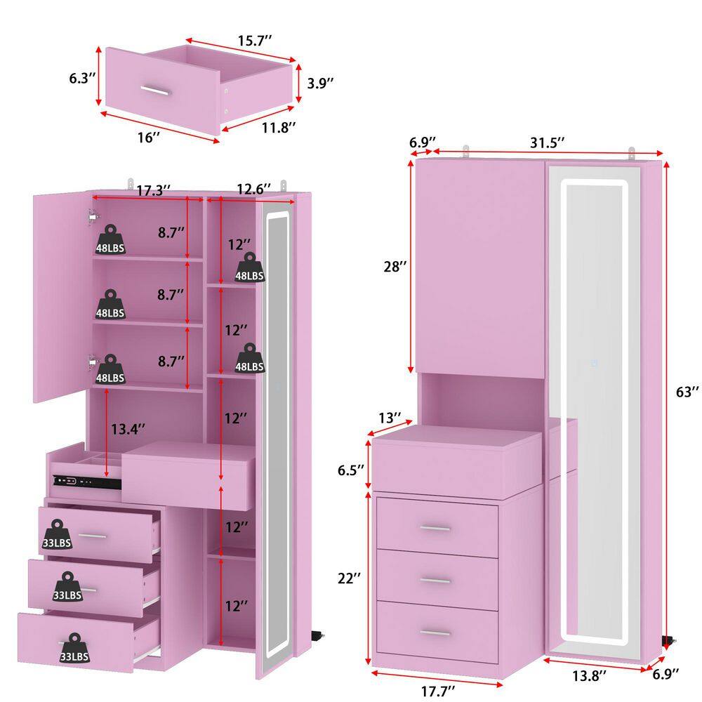 White Makeup Vanity Desk Wood Dressing Table With Sliding Top, Full-Length Mirror, Hidden Shelves, Drawers, LED Lights - thumbnail 8