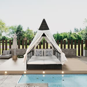 Wicker Outdoor Day Bed with Adjustable Backrest, Lounge Bed Double Sun Lounger with Cushions, Curtains, 4 Pillows, White