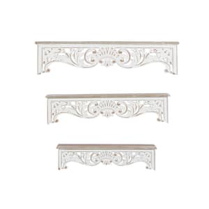 White Intricate Carved 1-Shelf Wood Floral Wall Shelf