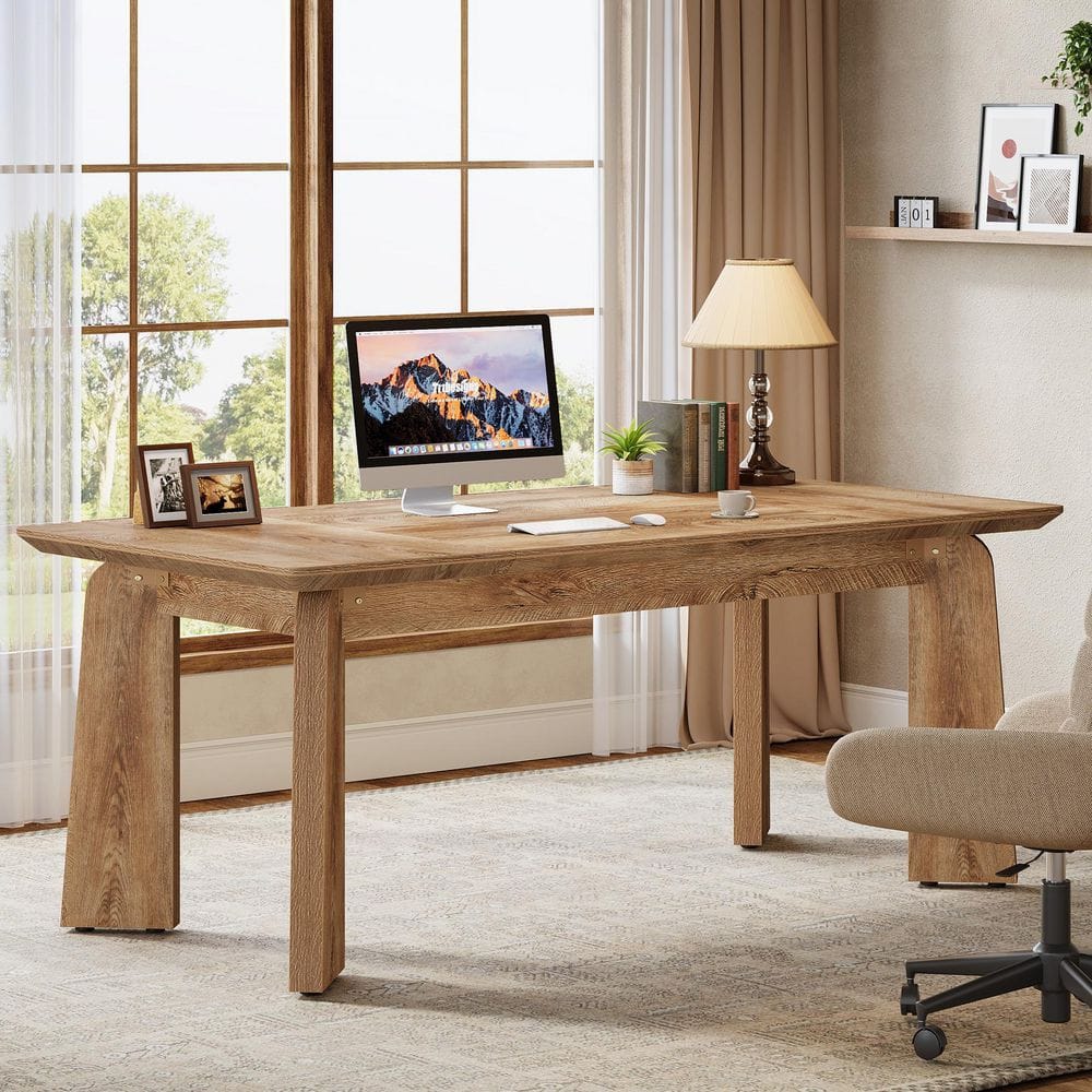 62 in. Rectangular Rustic Brown Wood Computer Desk with Storage, Modern Writing Study Desk Office Living Room Bedroom