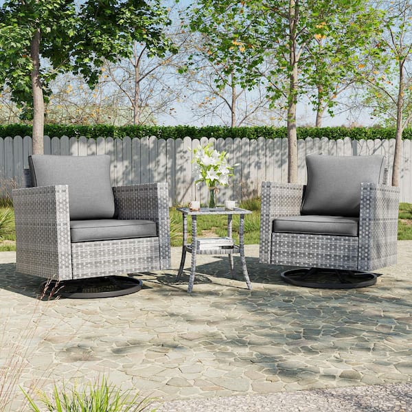 3-Piece Gray Wicker Outdoor Swivel Rocking Chairs Patio Bistro Set with Side Table Gray Cushion