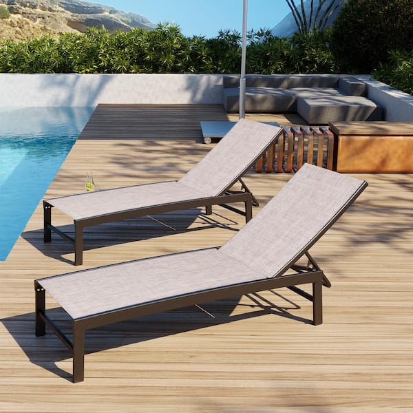 Full Flat 2-Piece Aluminum Adjustable Outdoor Chaise Lounge in Beige