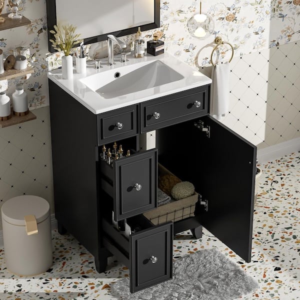 24 in. W x 18.3 in. D x 34.3 in. H Single Sink Freestanding Bath Vanity in Black with White Ceramic Top