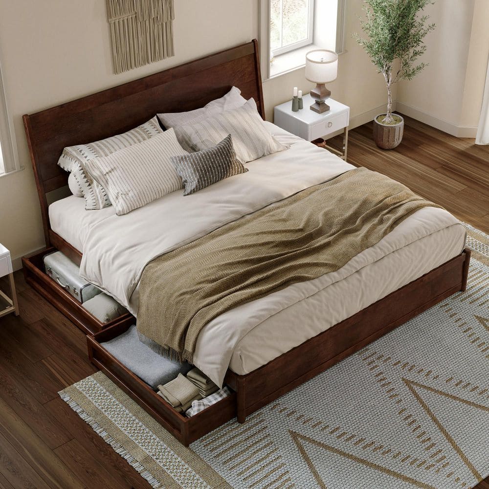 Casanova Dark Walnut King Wood Platform Bed with Storage Drawers