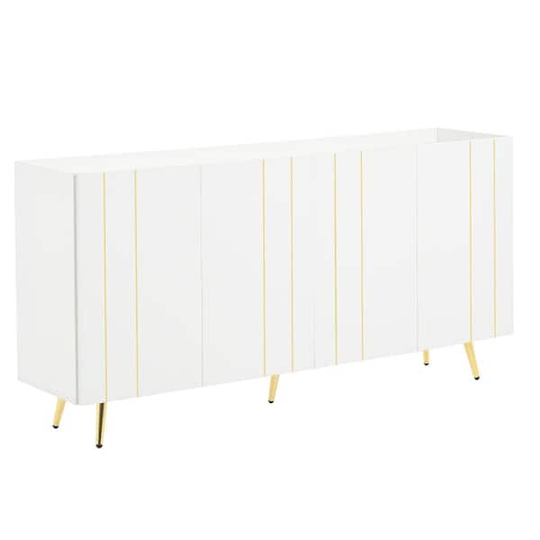 CSC DECOR INC White and Gold MDF 63 in. W Buffet with 4 Adjustable Shelves and 5-Metal Legs Modern TV Stand Luxurious Shoe Cabinet