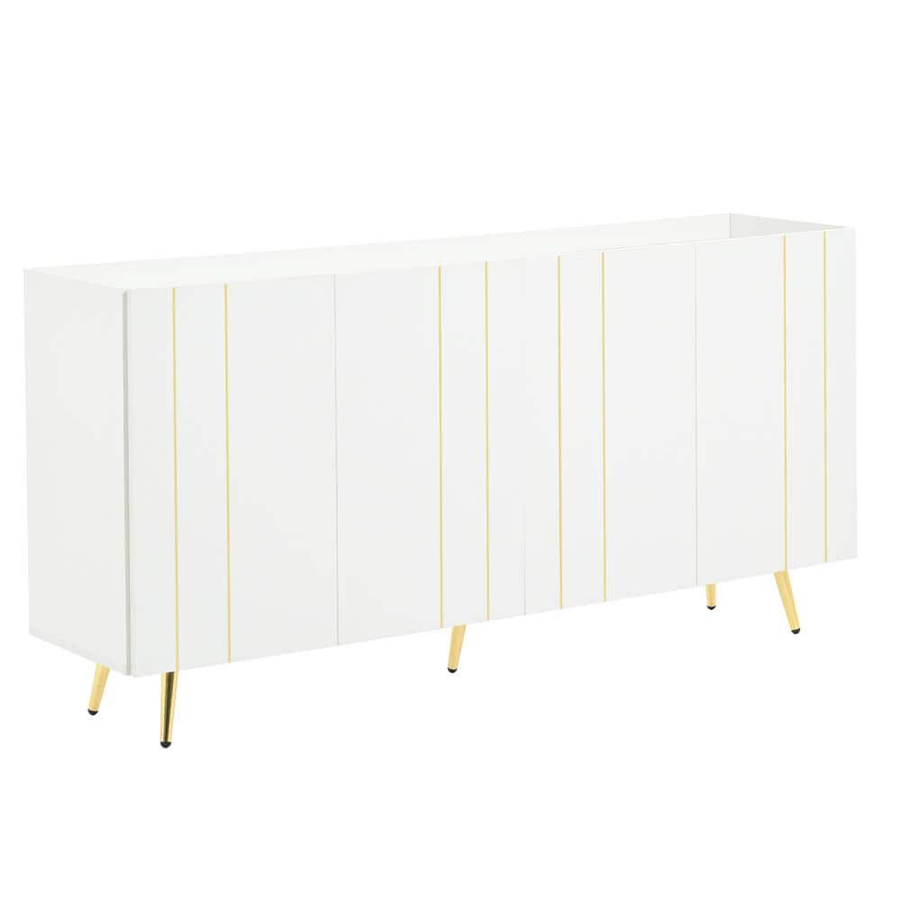 White and Gold MDF 63 in. W Buffet with 4 Adjustable Shelves and 5-Metal Le