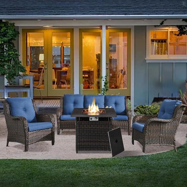 moosprr 4-Piece Brown Wicker Fire Pit Conversation Set with Olefin Blue Cushions and Curved Arm Couch