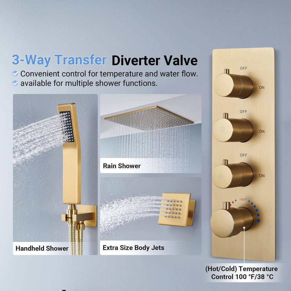 Large Brushed Gold Dual Ceiling Mounted Shower System with Body Jets