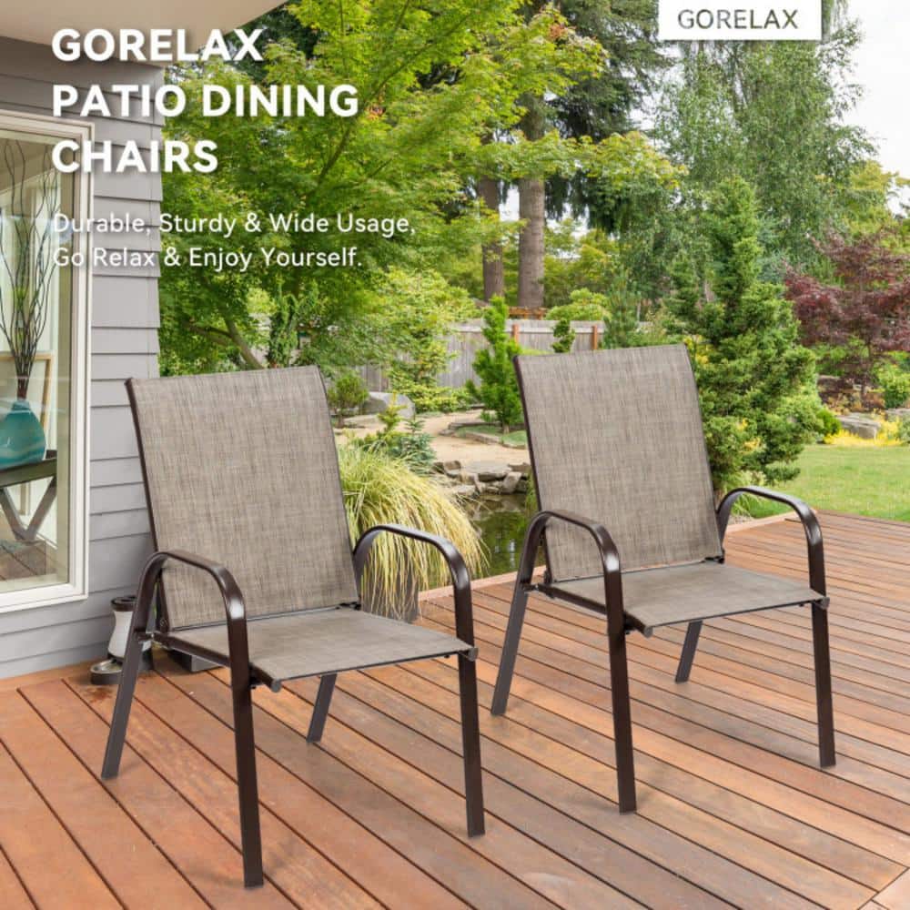 Gray Steel Frame Outdoor Dining Chairs with Armrests, Set of 2