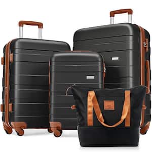 light-weight Durable 4-Piece Black and Brown Expandable ABS Hardshell Spinner Luggage Set with Travel Bag, TSA Lock