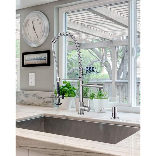 Commercial High-Arc Single Handle Pull Down Sprayer Kitchen Faucet with Soap Dispenser in Brushed Nickel