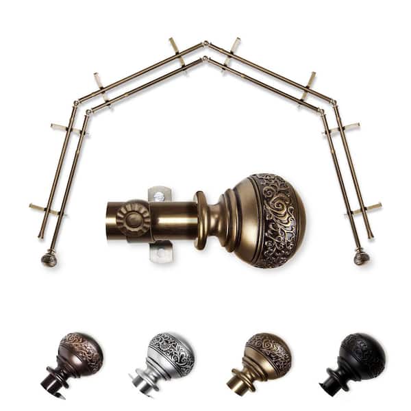 EMOH 13/16" Dia Adjustable 4-Sided Double Bay Window Curtain Rod 28 to 48" (each side) with Douglas Finials in Antique Brass