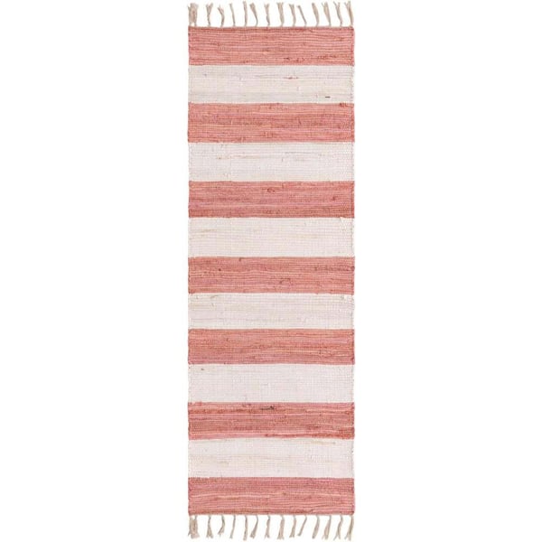 Unique Loom Chindi Rag Striped Coral and Ivory 2 ft. 2 in. x 6 ft. 1 in. Area Rug