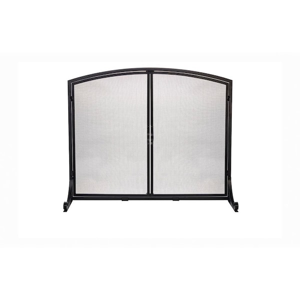 Single Panel Black Arch Top Fireplace Screen with Doors