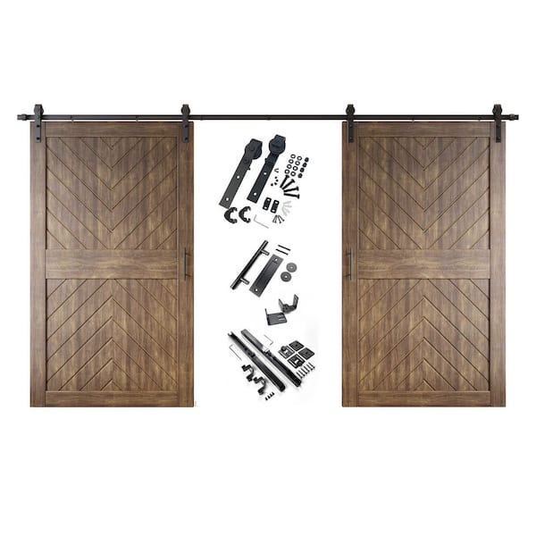 JT4 48 in. x 84 in. C-Panel Dark Walnut Fishbone Design Double Pine Wood Sliding Barn Door with Hardware Kit