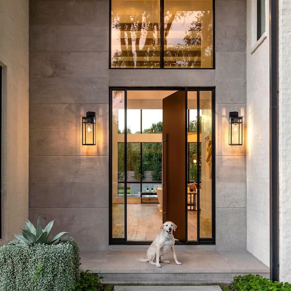 1-Light LED Black Dusk to Dawn Sensor Outdoor Wall Sconces with Clear Glass and Built-in GFCI Outlets No Bulb Included