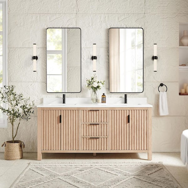 Shenzhen 72 in.W x 22 in.D x 33.9 in.D Double Bath Vanity in Aged Natural Oak with White Engineered Stone Top