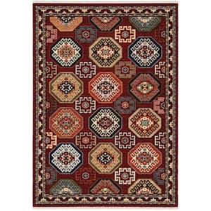 Lillian Red/Multi-Colored Doormat 3 ft. x 5 ft. Traditional Oriental Geometric Wool/Nylon Blend Fringed Indoor Area Rug