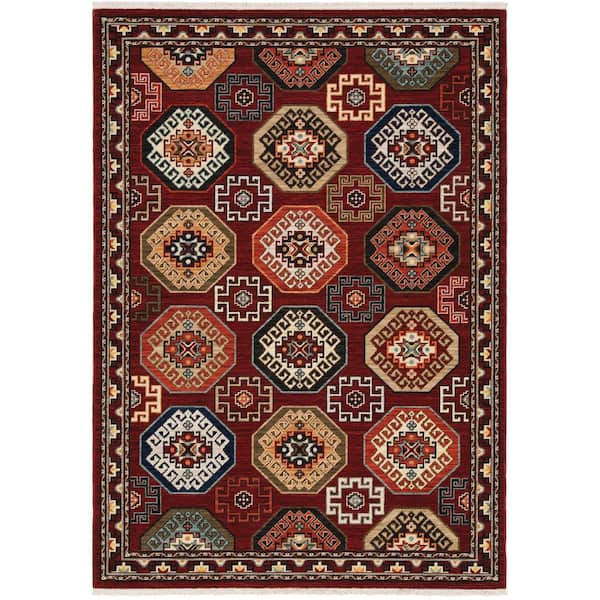 AVERLEY HOME Lillian Red/Multi-Colored 5 ft. x 8 ft. Traditional Oriental Geometric Wool/Nylon Blend Fringed Indoor Area Rug