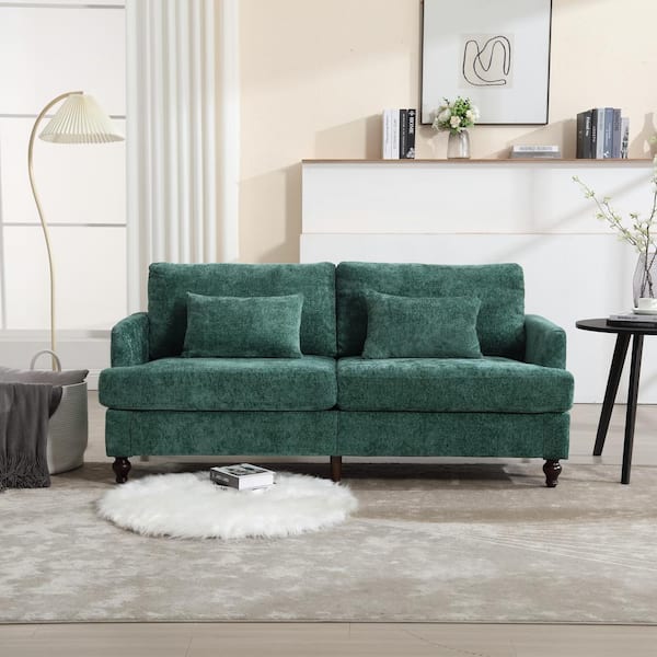 63 in. Square Arm Fabric Rectangle Mid Century Modern Chenille Loveseat Sofa 2-Seat Upholstered in Emerald Chenille
